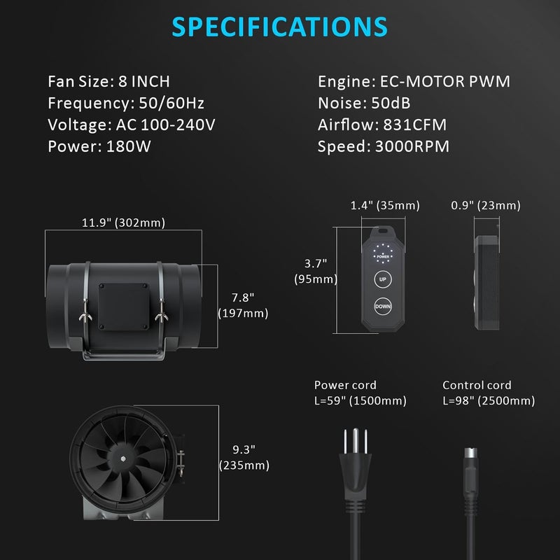 Toolazy Quiet 8" Inline Duct Fan 831 CFM Ventilation Exhaust Fan EC Motor and External Electronic 10-speed Controller for Heating Cooling Booster, Grow Tents, Hydroponics - Image 3